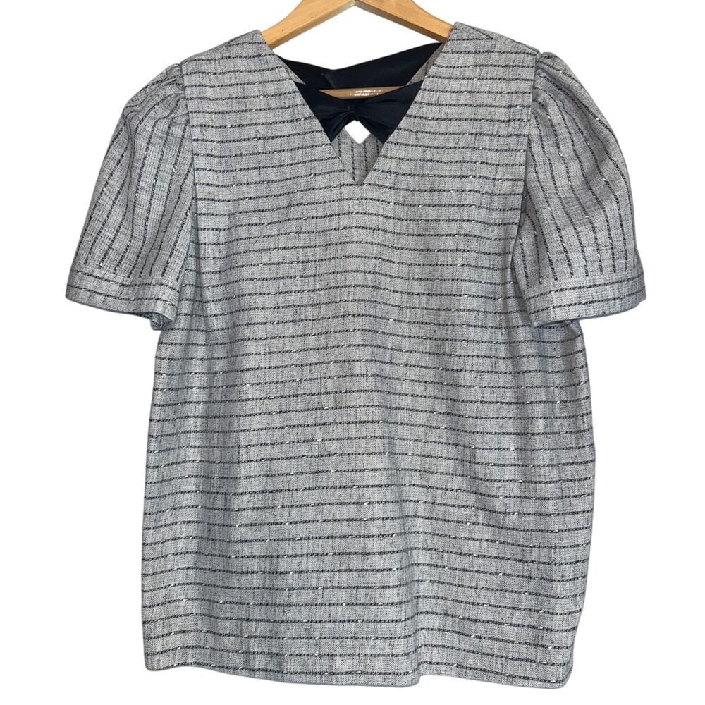 Vintage 80s Black Gray Structured Short Sleeve Blouse Women Medium Striped Print